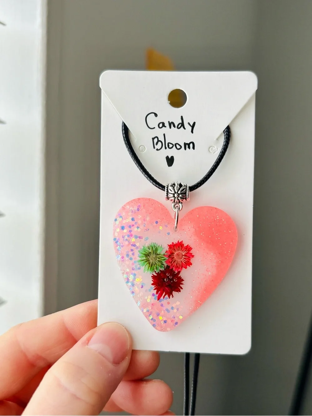 Candy Bloom Resin Heart Necklace Handmade Dried Flower Pink Pendant